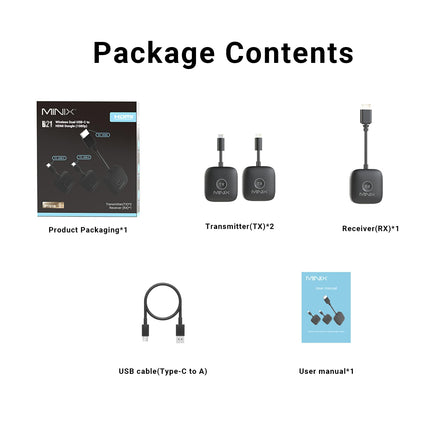 MINIX juhtmevaba HDMI – kaks saatjat ja üks vastuvõtja, mitme ekraaniga ühenduse pikendus, juhtmevaba kahekordne USB-C–HDMI-adapter 1080p, 164 jalga/50 m/WiFi 2.4G/5G/60 Hz, Bluetooth HDMI telerite/arvutite/sülearvutite jaoks