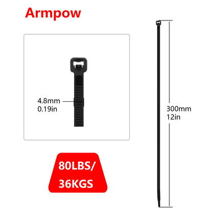 Armpow 1100 tk 300 mm x 4,8 mm kaablisidemed, tõmbetugevus 36 kg, mustad 1000 tk + valged 100 tk UV-kindlad kaablisidemed iselukustuvate nailonist sidemerihmadega