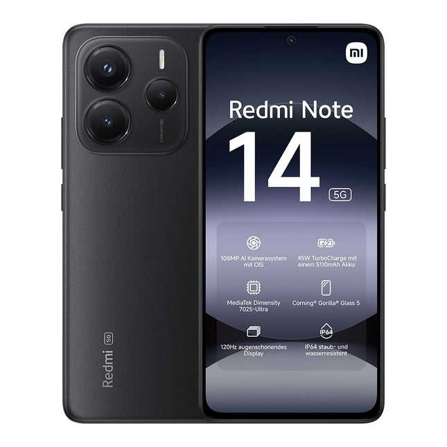 Xiaomi Redmi Note 14 5G nutitelefon, 8 + 256 GB, must, 108MP tehisintellektiga kaamerasüsteem, 5110mAh aku, 120Hz silmakaitsega ekraan, tehisintellektiga funktsioonid (laadijat ei kuulu komplekti)