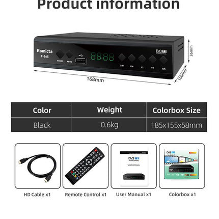 Romicta DVB-T2 vastuvõtja ja kaabelvastuvõtja DVB-C – H.265 HEVC FTA Full HD 1080P, PVR, USB, HDMI, Timeshift, SCART, digitaalne maapealne TV tuuner, ei toeta Freenet TV-d ega satelliiti