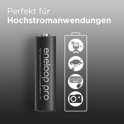 eneloop pro, AAA/Micro NI-MH laetav aku, 4 tk pakis, mahutavus min. 930 mAh, kasutusvalmis NI-MH akud, laetav kuni 500 korda, plastvaba pakend, pro, must