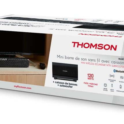 Thomson SB60BTS heliriba – 120 W koguvõimsus – Juhtmevaba Bluetooth 5.0 – Subwoofer kaasas – Seinale paigaldatav – Optiline ja AUX sisend – Kaugjuhtimispult – Kompaktne disain