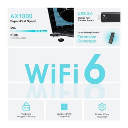 TP-Link Archer TX20U WLAN-pulk arvutile, AX1800 kahesageduslik, ühildub ainult Windows 11/10-ga, USB 3.0, MU-MIMO, OFDMA, WPA3 krüptimine