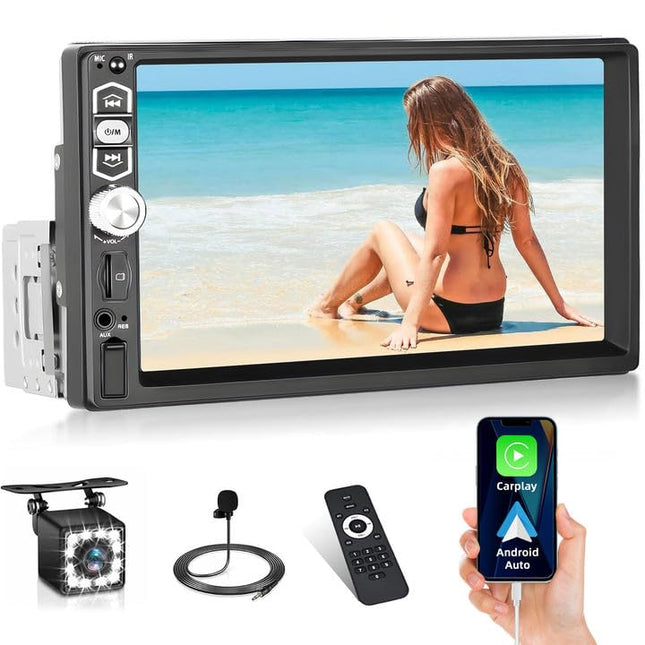 Hikity autoraadio 1 DIN juhtmega, Carplay, Android Auto, Bluetooth, vabakäesüsteem, 7-tolline puutetundlik ekraan, Mirror Link, FM/EQ/AUX/SD+ tahavaatekaamera ja mikrofon