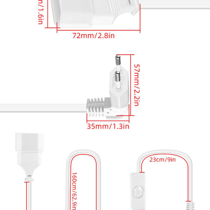GELRHONR 2m pikenduskaabel lülitiga 90° nurgaga pistikuga toitejuhe valge 2.5A/250V siseruumides kasutatavate kodumasinate, lampide, teleri, arvuti, haldjatulede, Euroopa pistikuga lameda toitekaabli jaoks