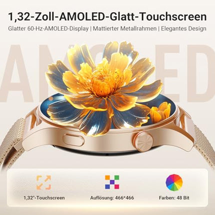 Nutikell naistele ja meestele ümmargune telefonifunktsiooniga - 1,32-tolline AMOLED-ekraan, fitnesskell 110+ spordirežiimi ja 3ATM-iga, kellad naistele ja meestele iOS/Androidile, sammulugeja ja pulsimõõtjaga, unemonitoriga - kuldne