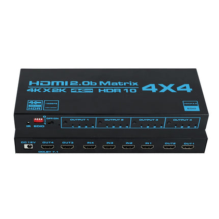 Maatriksi valik, 4 x 4, Matrix 4K, HDMI, 4 sisendit, 4 väljundit, Matrix HDMI 2.0 porti, 4 x 4, toetab 4K @ 60 Hz, 4K Dolby Vision HDR HDCP 2.2, kaugjuhtimispuldi tugi