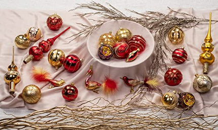 Set of 5 mouth-blown and hand-decorated glass decorations for Christmas tree, gold-colored