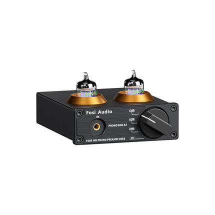 Fosi Audio BOX X2 fonotoruga eelvõimendi, HiFi eelvõimendi MM-plaadimängijatele võimenduse regulaatoriga, vahetatav vaakumtoru, MM/3,5 mm AUX-sisend, mini fonotoruga eelvõimendi DC 12V toiteplokiga
