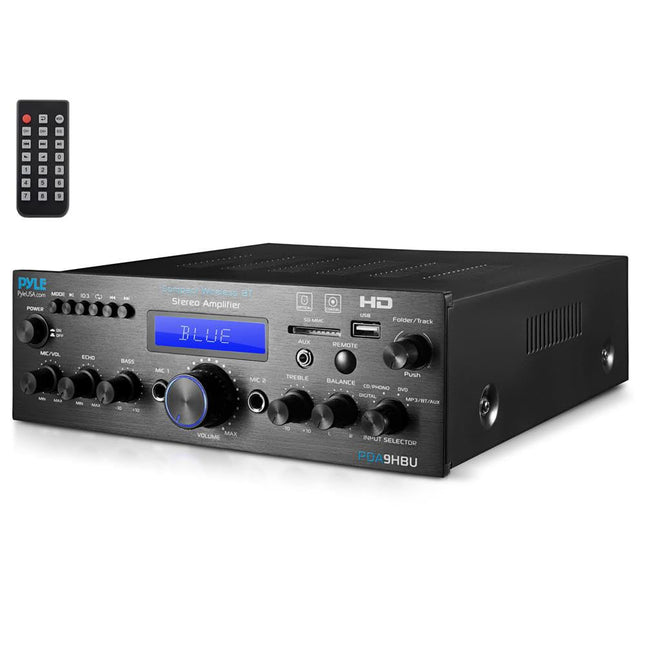 Pyle võimendi, HiFi stereovõimendi, Bluetooth-võimendi, võimendi, mini-stereoressiiver, 200 W mitmekanaliline HDMI-ühendusega, optiline/phono/koaksiaalühendus, FM-raadio, USB/SD/AUX/RCA, mikrofonisisend kaugjuhtimispuldiga