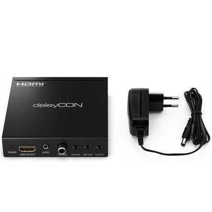 deleyCON SCART to HDMI Converter with Audio Extractor SCART + HDMI Input to HDMI Output Coaxial + 3.5mm Audio Output SCART to HDMI