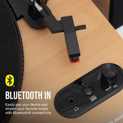 JAM plaadimängija kõlaritega – Bluetooth plaadimängija riiulikõlaritega, 3-käiguline vinüülmängija tolmukattega, eelhäälestatud toonarm, vinüülipuhastusvahend kaasas, puit