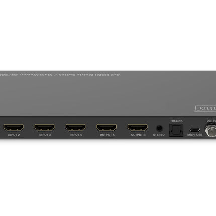 DIGITUS DS-55345 HDMI Matrix Switch 4x2 – 4 In 2 Out – UHD 4K/30 Hz HDTV: 3840 x 2160p – HDCP 1.4 &amp; HDMI 1.4b – Multi-Viewer, Split-Screen, Pip – RS232, Audio (Toslink, Stereo 3.5mm)