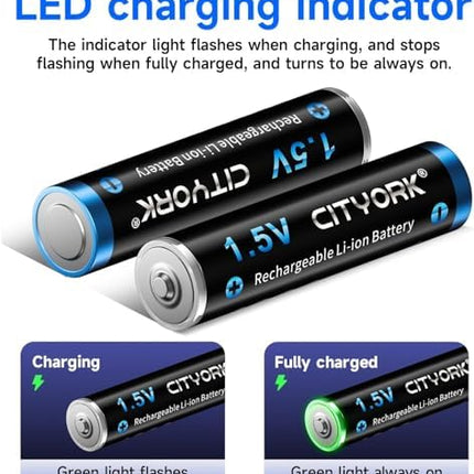 CITYORK USB-C AA AAA Rechargeable Batteries Lithium Rechargeable, 4 pieces 1.5V AA batteries 3000mWh and 4 pieces AAA batteries 1200mWh with 4-in-1 USB charging cable