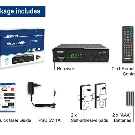 Edision Picco T265+ maapealne DVB-T2 ja kaabel-DVB-C vastuvõtja, H265 HEVC, FTA Full HD PVR, USB, HDMI, SCART, S/PDIF, IR, USB WiFi tugi, universaalne 2-ühes kaugjuhtimispult, must