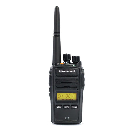 Midland G18 Pro, kahesuunaline raadiosaatja, 99 PMR446 kanalit, sõjaväeklassi raadiosaatja, IP67 sertifitseeritud, liitiumioonaku, laualaadija, vööklamber, must