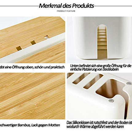 Kaablikarbi pistikupesa kaablikoguja hoiukarp kaabli haldamiseks laadimiskaabli jaoks, ABS-plastist ventilatsiooniga, puidust tekstuuriga korraldaja 36 x 13,5 x 13 cm (valge L)