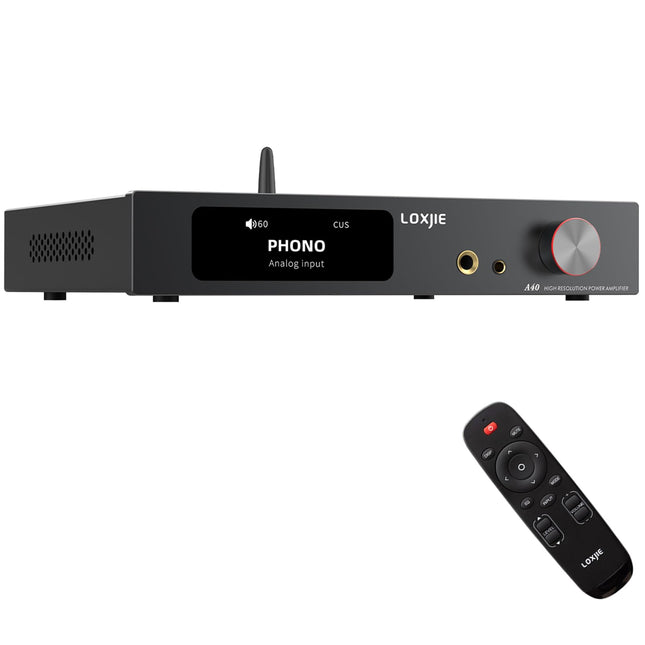 LOXJIE A40 165W x 2 digitaalne võimsusvõimendi, kõrvaklapivõimendi, DSD256 dekodeerimine, BT 5.1, optilised I2S HDMI ARC fono sisendid ja subwooferi väljund ning kaugjuhtimispult