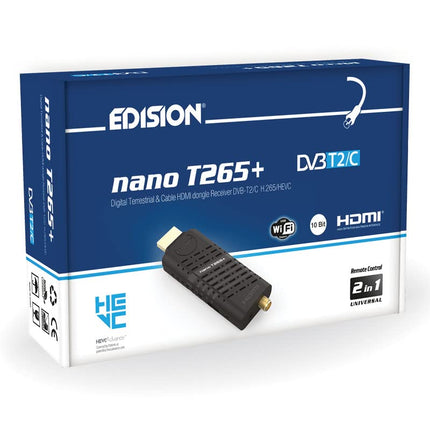 Edision Nano T265+ maapealse DVB-T2 ja kaabel-DVB-C HDMI dongle vastuvõtja, H265 HEVC, FTA, Full HD, PVR, USB, HDMI, IR, USB WiFi tugi, universaalne 2-ühes kaugjuhtimispult, must