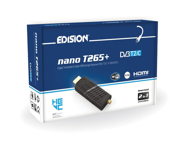 Edision Nano T265+ maapealse DVB-T2 ja kaabel-DVB-C HDMI dongle vastuvõtja, H265 HEVC, FTA, Full HD, PVR, USB, HDMI, IR, USB WiFi tugi, universaalne 2-ühes kaugjuhtimispult, must