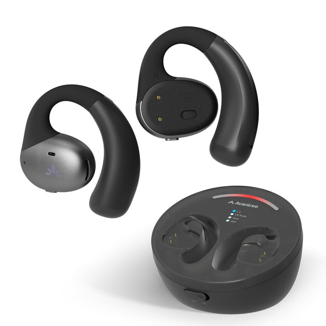 Avantree Medley Pebble - avatud kõrvaga juhtmevabad kõrvaklapid teleri jaoks Bluetooth-saatja ja kõrvaklappide laadimisjaamaga, selged kõrvaklapid eakatele, ümbritseva keskkonna tuvastamine