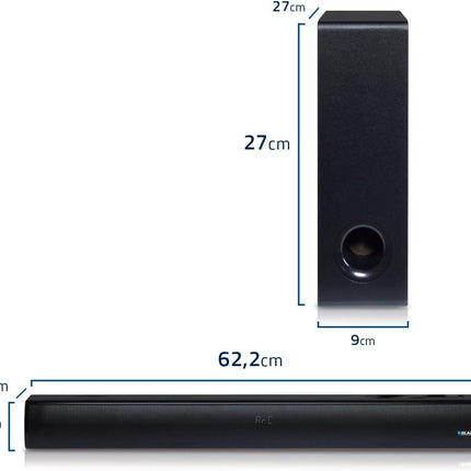 Blaupunkt LS 1825 heliriba 2.1 subwooferiga, 60 W RMS, juhtmevaba Bluetooth voogedastusseade, puldiga, LED-ekraaniga telerikõlar ja ekvalaiser, optiline audiosisend, AUX-IN, HDMI