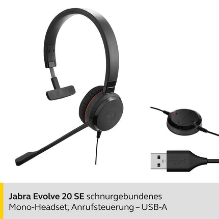 Jabra Evolve 20 SE UC Mono peakomplekt – VoIP-telefoni ühendatud kommunikatsioonikõrvaklapid passiivse mürasummutusega – USB-A-kaabel kõnede juhtimisega – must