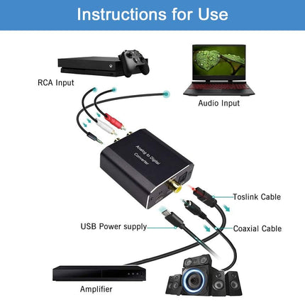 AMANKA analoog-digitaalaudi muundur optilise kaabliga - analoog-digitaalmuundur RCA Cinch + 3,5 mm audiopesa Toslink/SPDIF koaksiaalaudioadapterile teleri, DVD, Blu-Ray, PS3, XBOX jaoks - alumiinium