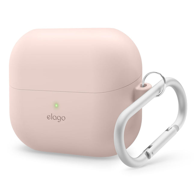 elago ühildub Samsung Galaxy Buds 3 ümbrise ja Galaxy Buds 3 Pro ümbrisega, esmaklassiline silikoonümbris karabiiniga, täielik kehakaitse, juhtmevaba laadimine, kõrvaklappide tarvikud, meestele, naistele (liivapunane)