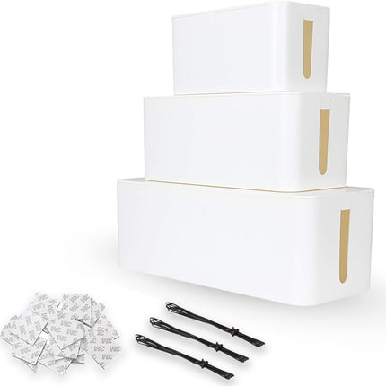 ASelected Set of 3 Cable Boxes Large, Medium and Small Cables White Hide Box for Cables, Cable Organizer Box White Cable Hide Box with 3 x 1m Cable Ties and 20 x 3M Double-Sided Stickers