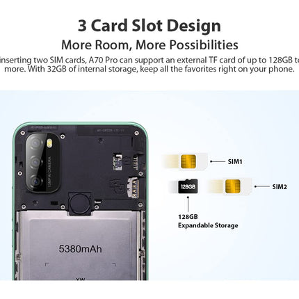 Blackview A70P Android 11 nutitelefon, 6,5-tolline HD+, 8,3 mm õhuke ja kerge, 5380mAh aku, 13MP + 5MP, kahe SIM-kaardiga 4G mobiiltelefon, näotuvastus ja sõrmejäljelugeja, GPS, sinine