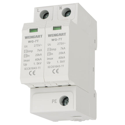 Wengart surge protection device WG-7T, T1+T2 level protection, 2P limp7kA 20-40kA AC275V, household surge protection, DIN rail mounting
