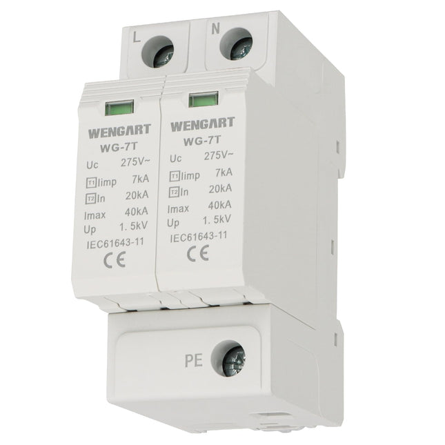 Wengart surge protection device WG-7T, T1+T2 level protection, 2P limp7kA 20-40kA AC275V, household surge protection, DIN rail mounting