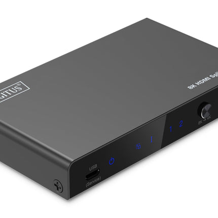 DIGITUS DS-55339 HDMI jaotur 1x2 – sisend: 1 port/väljund: 2 porti – UHD 8K/60 Hz HDTV: 7680 × 4320p – HDCP 2.3 ja HDMI 2.1 – HDR, Deep Color, EDID-lüliti – Toslink, Stereo (3,5 mm)