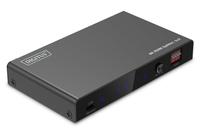 DIGITUS DS-55339 HDMI jaotur 1x2 – sisend: 1 port/väljund: 2 porti – UHD 8K/60 Hz HDTV: 7680 × 4320p – HDCP 2.3 ja HDMI 2.1 – HDR, Deep Color, EDID-lüliti – Toslink, Stereo (3,5 mm)
