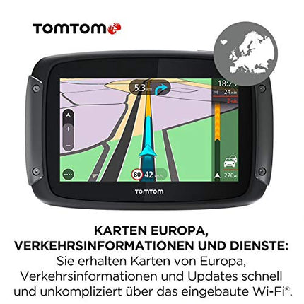TomTom Motorcycle Navi Rider 500, 4,3-tolline ekraan, spetsiaalselt mootorratastele mõeldud käänulised ja mägised marsruudid, liiklusummikute vältimine tänu TomTom Trafficule, Euroopa kaardiuuendused, mootorrattahoidik + kaitsev kandekott