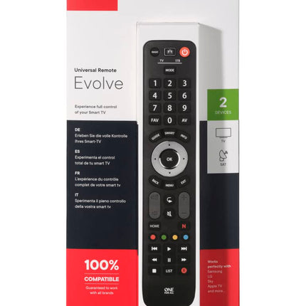 One For All Evolve 2 universaalne teleri kaugjuhtimispult - juhib kahte seadet - telerit / nutitelerit ja digiboksi - garanteeritult töötab kõigi tootjatega - optimeeritud nutiteleri jaoks - URC7125