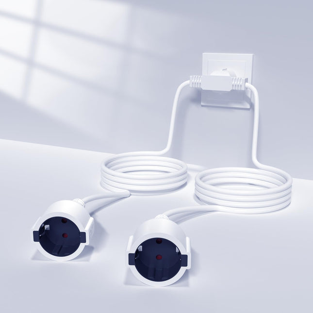 BrightArk pikenduskaabel topeltpistik 2M+2M, topeltpistik pistikupesale 2-in-1, topeltpistik pistikupesale IP20, 250V, 16A, 4000W kaitsekontaktiga pikenduskaabel kodukontorisse ja kööki