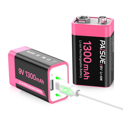 9V Rechargeable Batteries, 1300mAh Long-Lasting Rechargeable Lithium Batteries with USB-C Fast Charging 9V Block Battery for Remote Control, Smoke Detector, Multimeter, Microphone (2 Pack)