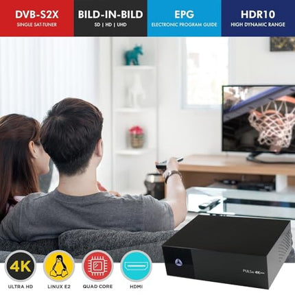 AB PULSe 4K Mini SE UHD satelliitvastuvõtja HDMI-kaabliga, mitmikkäivituse funktsioon E2 Linux OS-iga, DVB-S2X satelliittuuner, Ultra HD 4K eraldusvõime HDR10 toega, CI, CA, MicroSD pesa, LAN