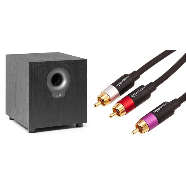 ELAC Debut Subwoofer S10.2, aktiivkõlar muusika esitamiseks stereosüsteemi kaudu, 200 W ja Amazon Basics PBH-20214 - RCA audiokaabel, 1 x RCA isas - 2 x RCA isas, 2,4 m