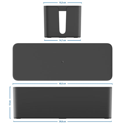 deleyCON Cable Management Box Cable Organizer Box Cable Box 40.5cm x 15.3cm x 13cm Robust Plastic 2 Side Cable Guides Protection and Security Black