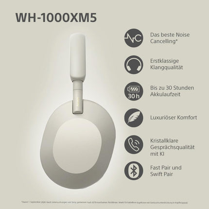 Sony WH-1000XM5 juhtmevabad Bluetooth-mürasummutavad kõrvaklapid (30-tunnine aku, puutetundlik andur, rakendus Headphones Connect, kiire laadimine, Amazon Alexa jaoks optimeeritud, mikrofoniga peakomplekt) hõbedased