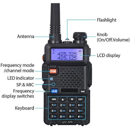 BAOFENG BF UV-5R 8-vatine kahe sagedusalaga kahesuunaline raadiosaatja (144MHz-146MHz VHF ja 430MHz-440MHz UHF) sisaldab täiskomplekti, must