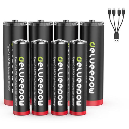 Delyeepow USB-C AA AAA Rechargeable Batteries Lithium Rechargeable, 1.5V 3400mWh AA 4 Pack 1200mWh AAA 4 Pack USB Rechargeable Batteries with 4-in-1 USB-C Charging Cable, 1 Hour Fast Charge, 1500 Cycles