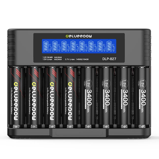 Delyeepow AA laetavad akud laadijaga, 3400mWh 1.5V liitiumakud AA, akulaadija LCD-ekraaniga, 8 pesa, kiire USB-laadimine, 1500 tsüklit