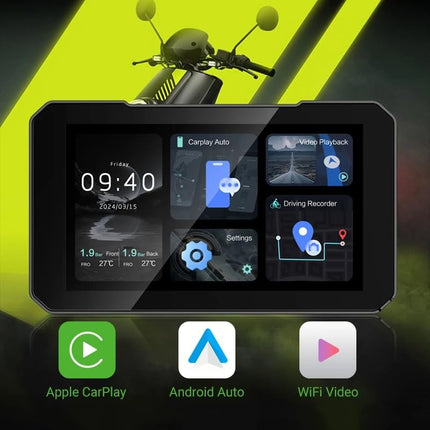 Pancarmate GPS Moto 5-tolline (12,7 cm) HD puutetundlik ekraan, veekindel IP68 – ühildub Apple CarPlay, Android Auto, Huawei HiCariga – esi- ja tagakaamerad 150° – universaalne kinnitus – integreeritud