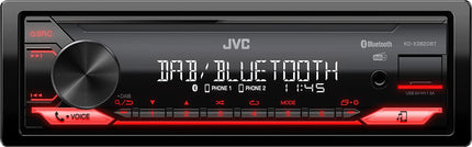 JVC KD-X282DBT USB-autoraadio DAB+ ja Bluetooth-vabakäesüsteemiga (USB, AUX-sisend, 1 x eelväljund 2,5 V, heliprotsessor, 4x50 W, punane nuppude valgustus)
