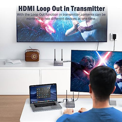 HDMI Wireless Transmitter and Receiver, Lemorele 656FT/200M Wireless HDMI Extender 1080P with HDMI LoopOut/IR 5G Streaming Video/Audio to TV, Projector, Monitor