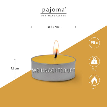 pajoma® teeküünlad 3 tk pakis, jõululõhnaline | 90 lõhnavat teeküünla alumiiniumkorpuses, põlemisaeg u. 4 tundi - kõrgus 1,5 cm ø 3,5 cm | esmaklassiline kvaliteet | kaunistus, toitlustus, õues, tuulekellad, pulmad